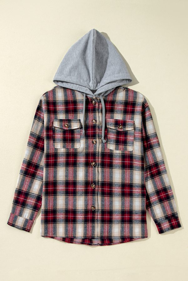 Red Plaid Print Chest Pocket Buttoned Hooded Shacket - Image 4