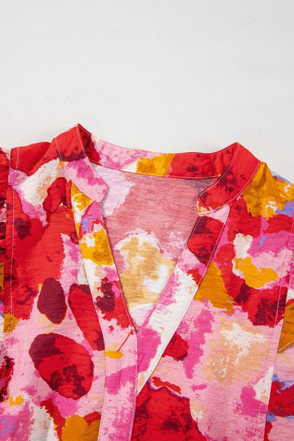 Red Abstract Print Split V Neck Ruffle Short Sleeve Blouse - Image 5