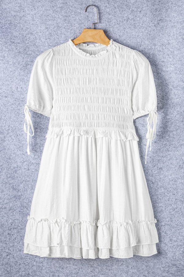 White Tie Short Sleeves Smocked Ruffle Mini Dress - Image 4
