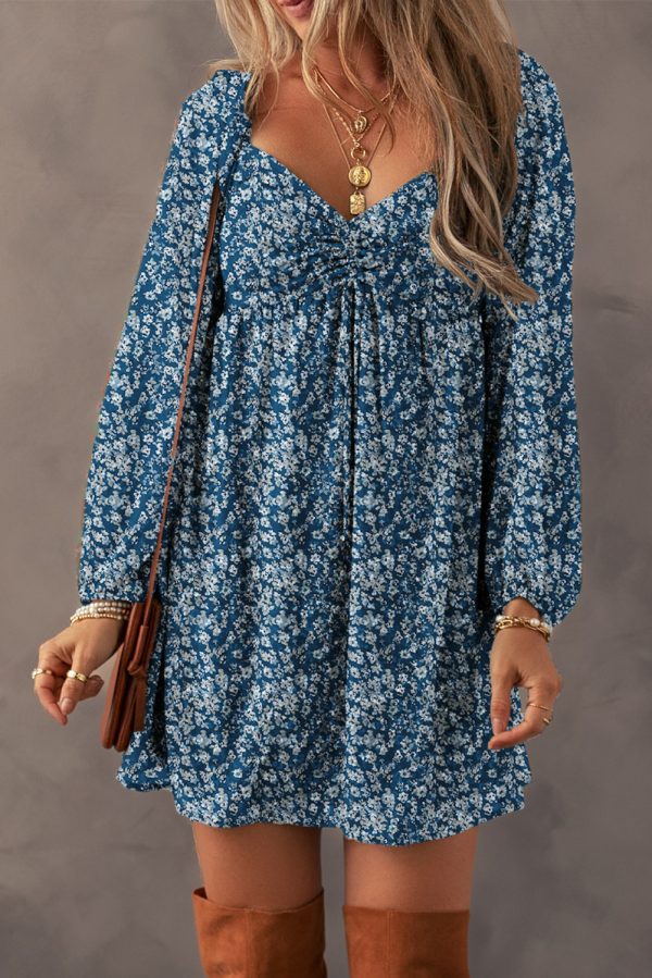 Red Floral Print Sweetheart Neck Shirred Back Mini Dress - Image 11