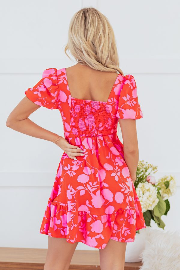 Red Floral Bubble Sleeve Sweetheart Neck Ruffled Mini Dress - Image 2