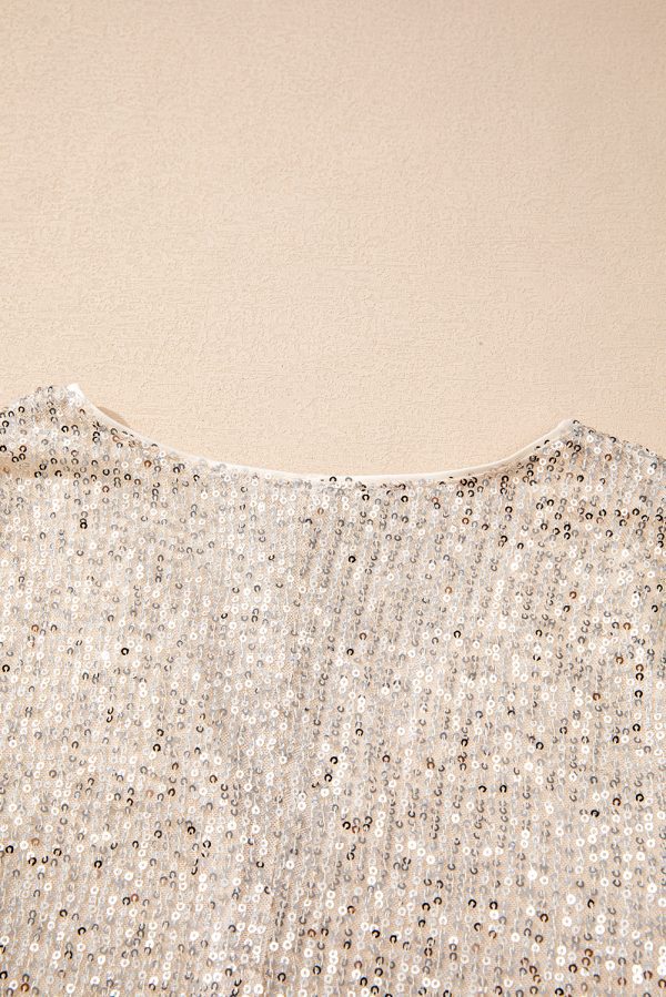 Beige Sequin Long Sleeve Wrap V Neck Bodysuit - Image 6