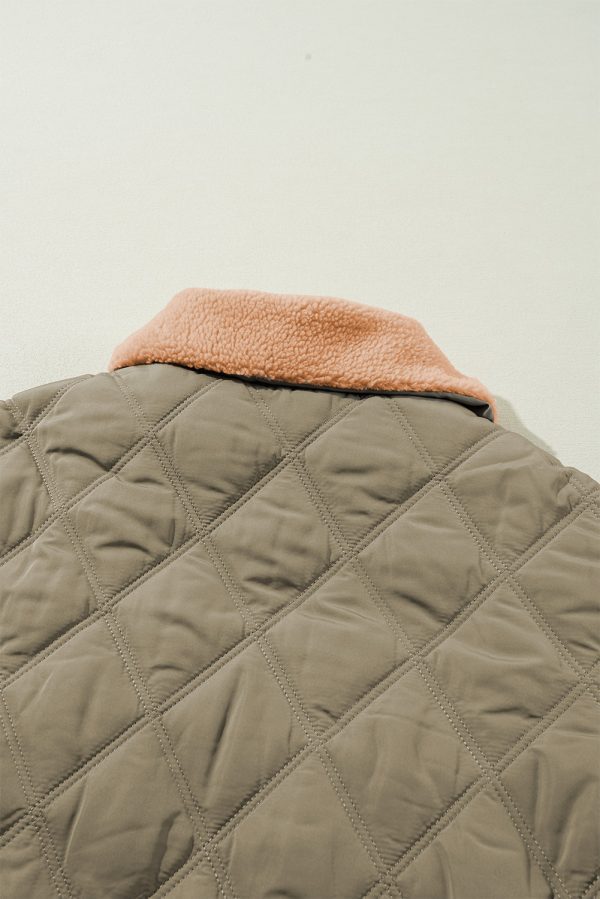 Jungle Green Teddy Collar Flap Pockets Quilted Puffer Jacket - Image 9