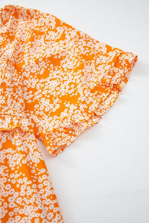 Orange Floral Print Smocked V Neck Wide Sleeve Maxi Dress - Image 10