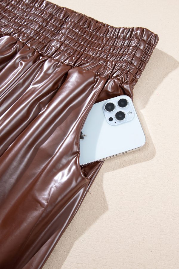 Black Smocked High-Waist Leather Skinny Pants - Image 10