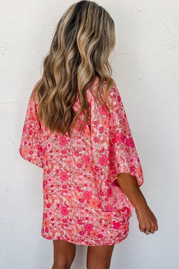Pink Boho Floral V Neck Kimono Style Blouse - Image 2