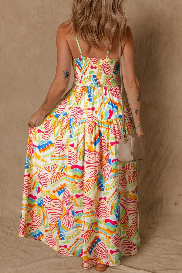 Orange Abstract Print Spaghetti Strap Piping Detail Maxi Dres - Image 5