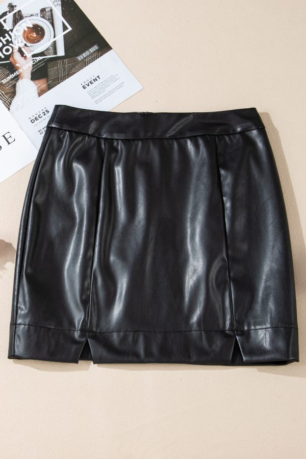 Black PU Leather Side Slits Slim Fit High Waist Mini Skirt - Image 3