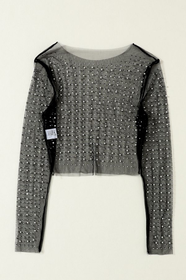 Black Pearl and Rhinestone Detail Sheer Mesh Top - Image 7