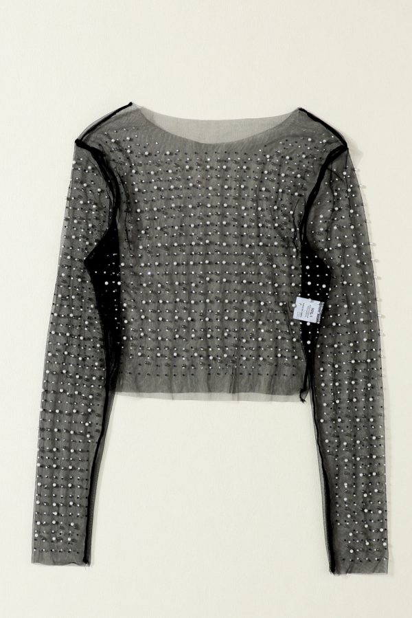 Black Pearl and Rhinestone Detail Sheer Mesh Top - Image 6
