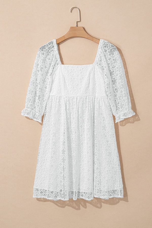 White Floral Lace Puff Sleeve Empire Waist Mini Dress - Image 5