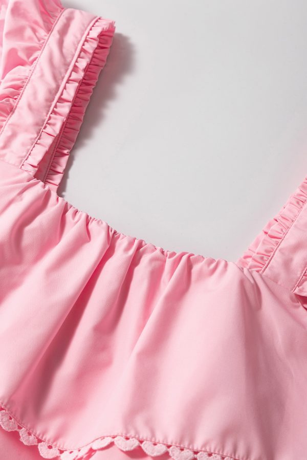 Pink Tiered Heart Trim Square Neck Flutter Top - Image 5