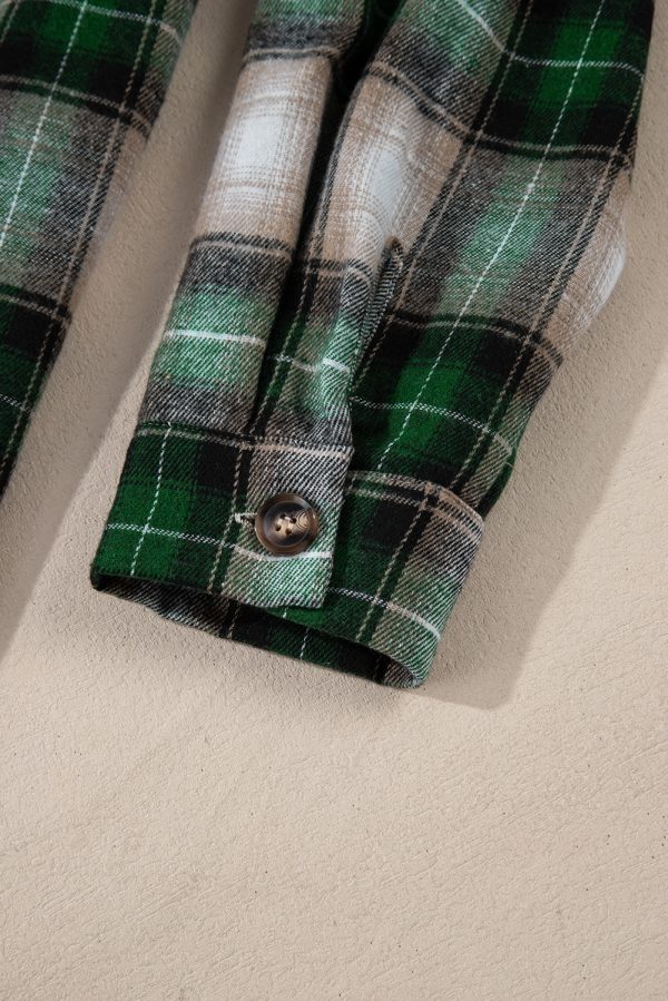 Green Plaid Print Chest Pocket Buttoned Hooded Shacket - Image 7