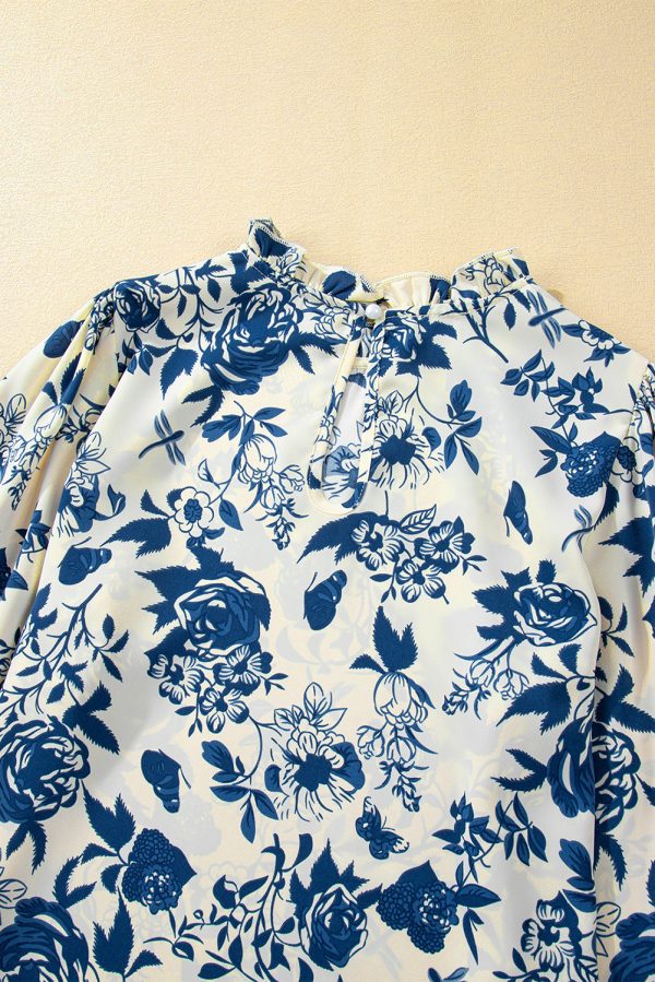 Sky Blue Floral Print Flounce Sleeve Keyhole Back Blouse - Image 6