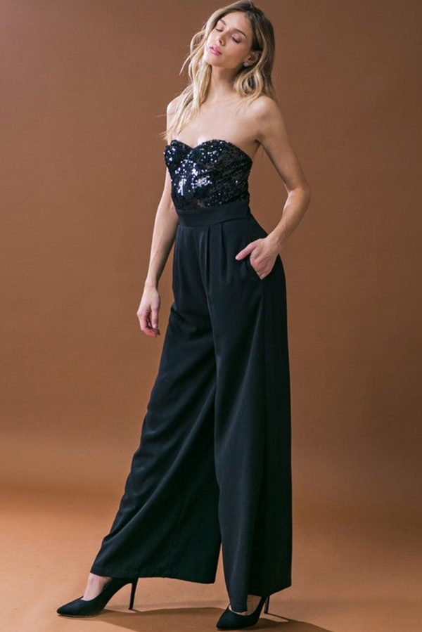 Black Sequin Tube Top Wide Leg Jumpsuit - Image 5