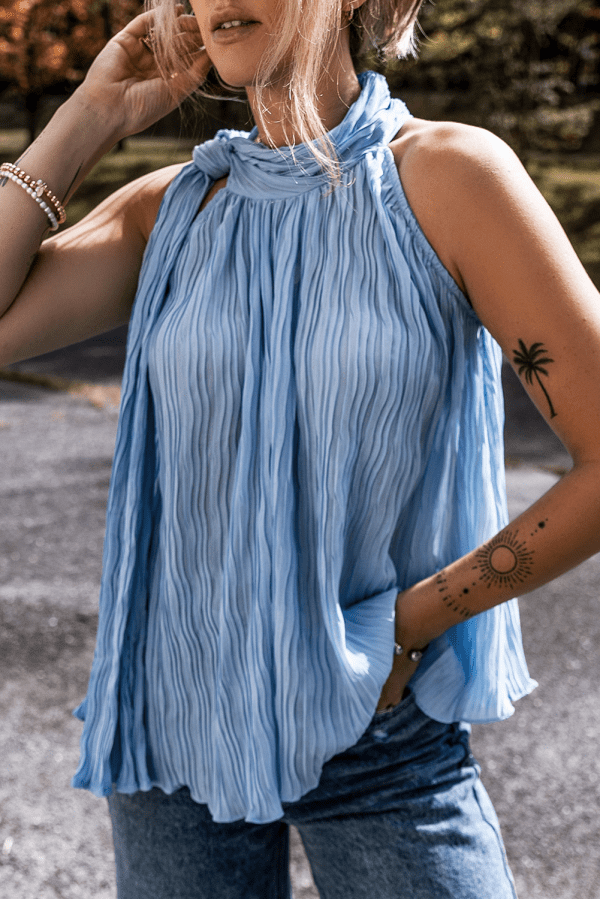 Myosotis Textured Pleated Tied Mock Neck Flowy Tank Top