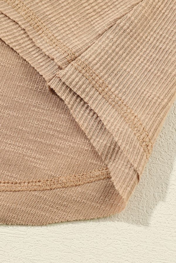 Light French Beige Floral Gauze Sleeve Patchwork Ribbed Knit Top - Image 6