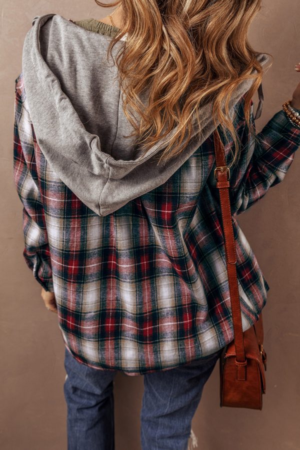 Red Plaid Print Chest Pocket Buttoned Hooded Shacket - Image 2