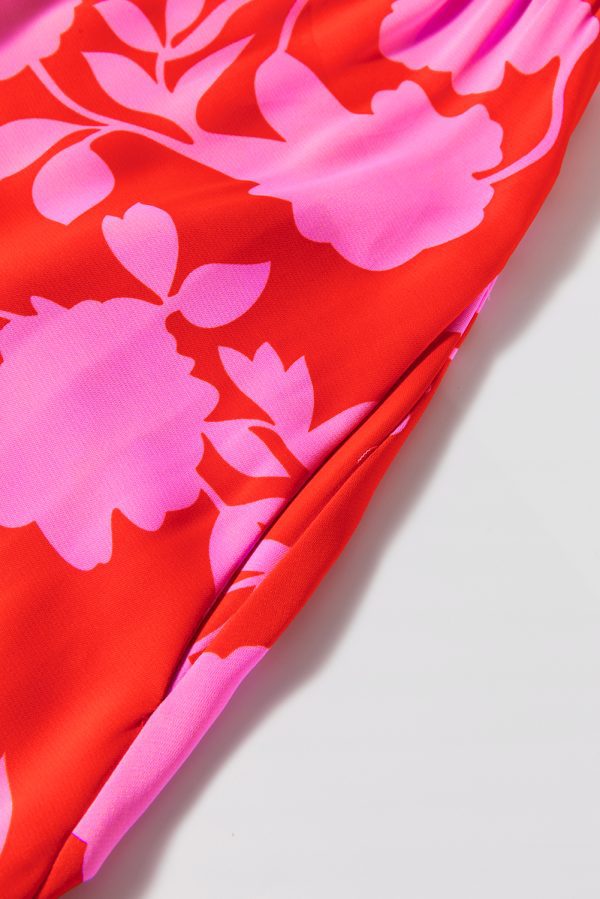Red Floral Bubble Sleeve Sweetheart Neck Ruffled Mini Dress - Image 6