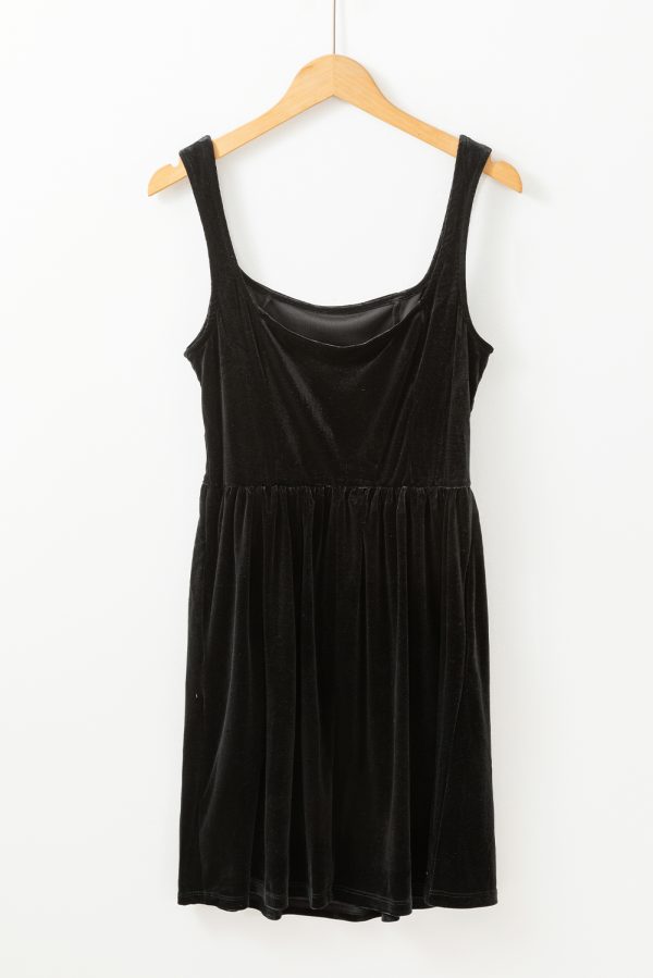 Black Velvet Square Neck Sleeveless High Waist Mini Dress with Pockets - Image 4
