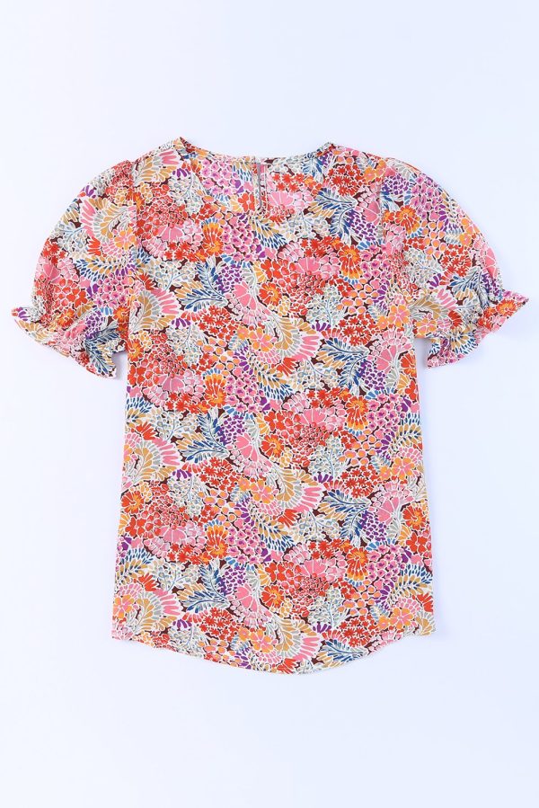 Multicolor Mix Floral Pattern Bubble Sleeve Blouse - Image 6
