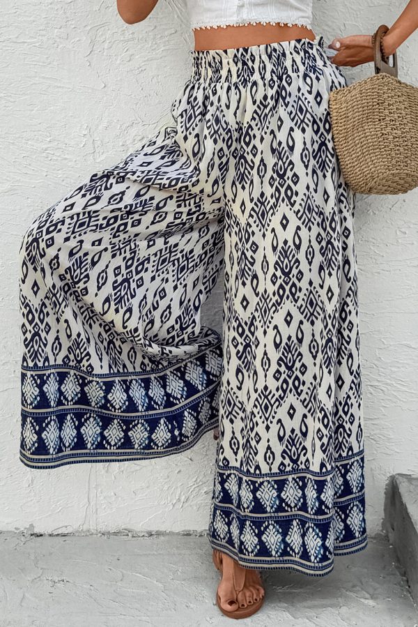 Blue Boho Pattern Print High Waist Wide Leg Loose Pants - Image 4