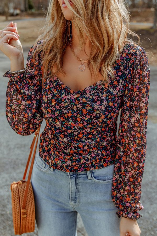 Black V Neck Bubble Sleeve Floral Blouse - Image 3