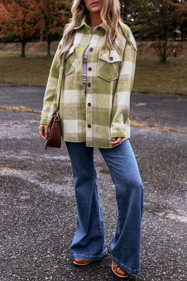 Sage Green Plaid Print Buttoned Flap Pockets Baggy Shacket - Image 4