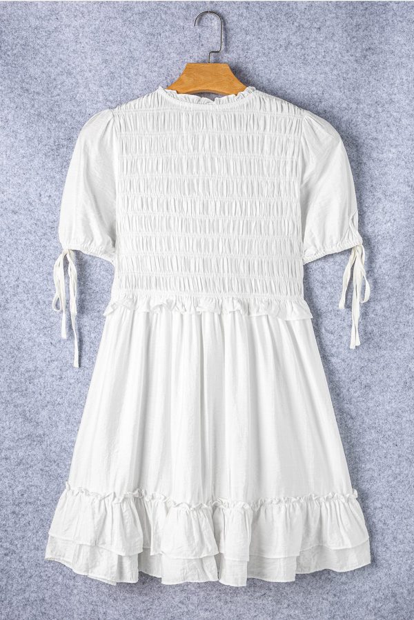 White Tie Short Sleeves Smocked Ruffle Mini Dress - Image 5