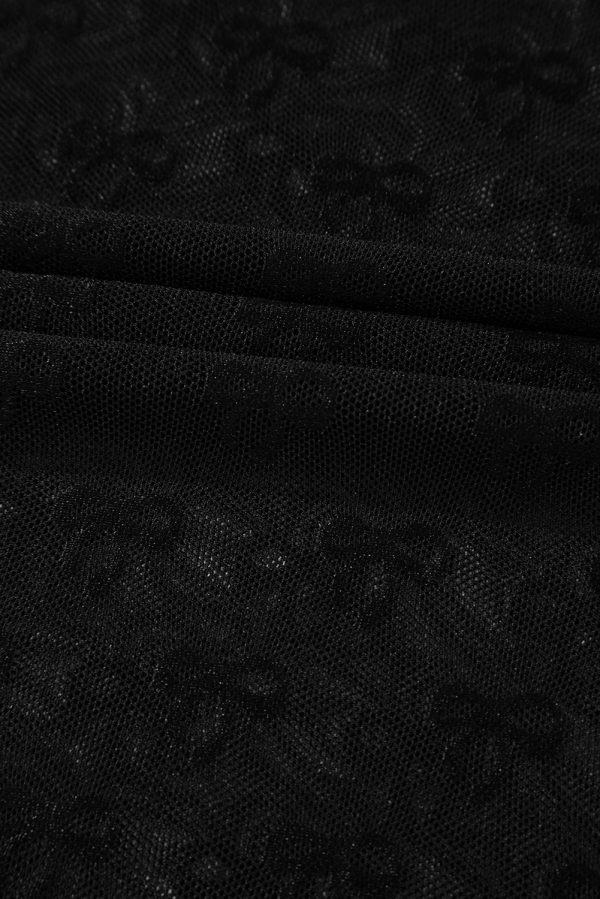 Black Bowknot Sheer Mesh Mock Neck Lettuce Trim Short Sleeve Top - Image 8