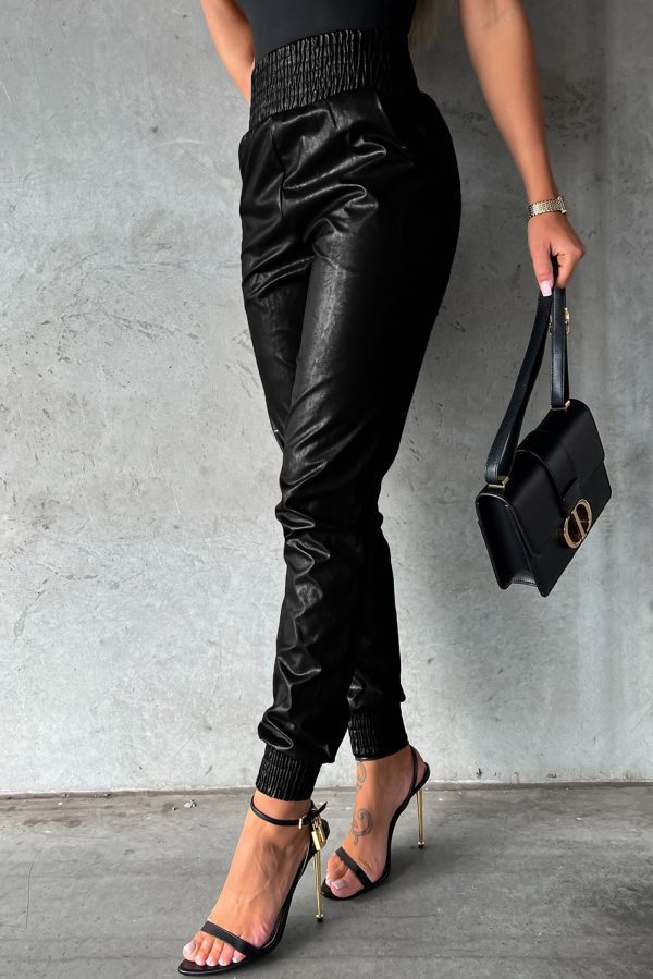 Black Smocked High-Waist Leather Skinny Pants - Image 3