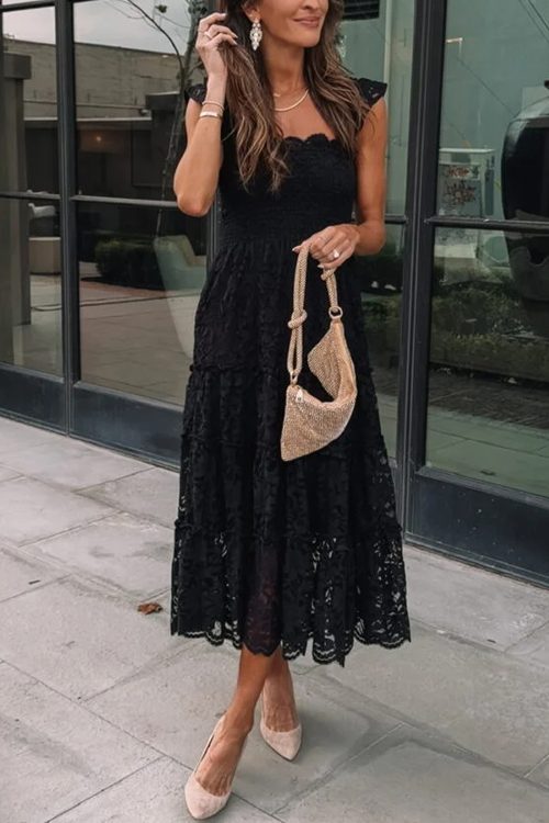 Black Lace Smocked Bodice Sleeveless Midi Dress