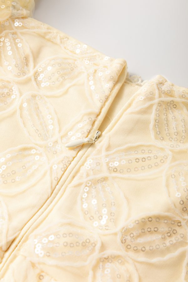 Apricot Sequined Lace Mesh Bubble Sleeve Square Neck Dress - Image 8