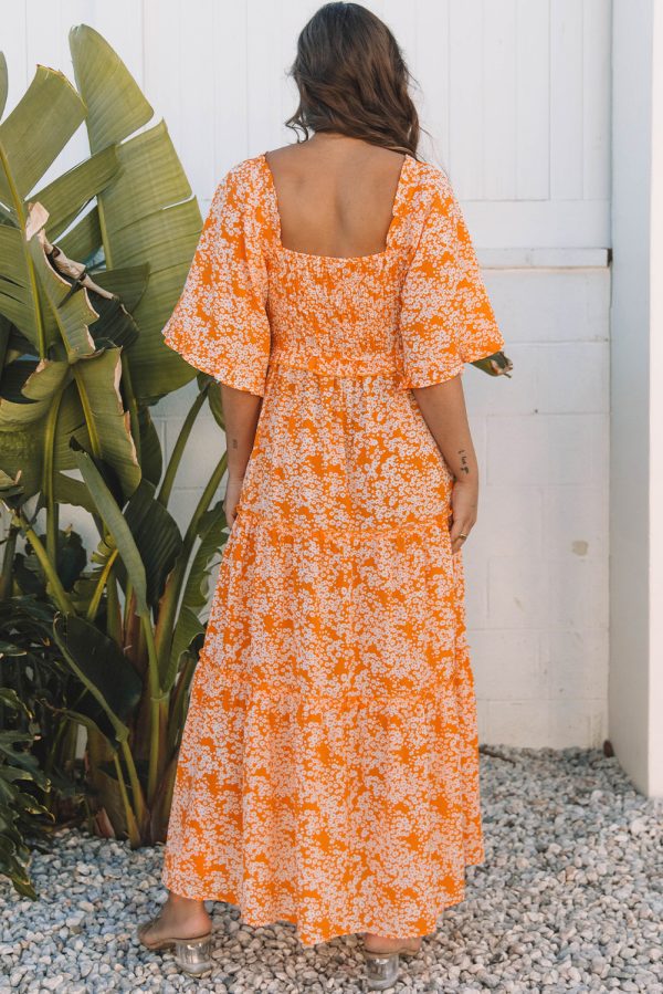 Orange Floral Print Smocked V Neck Wide Sleeve Maxi Dress - Image 2