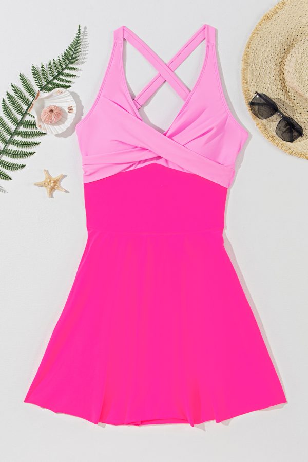 Rose Red Crisscross Straps Tie Back Flared One Piece Swimsuit - Image 6