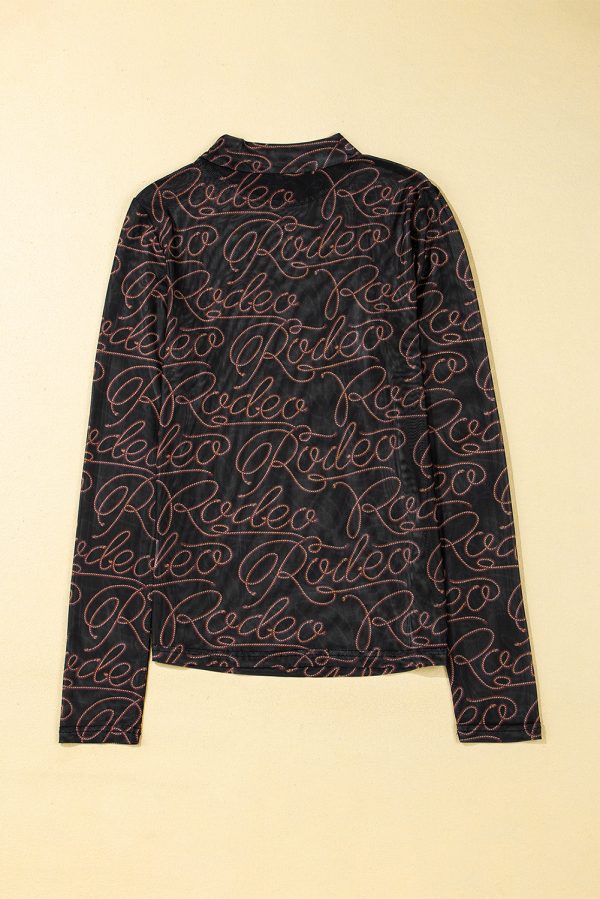 Black Western Rodeo Printed Mock Neck Long Sleeve Mesh Top - Image 4