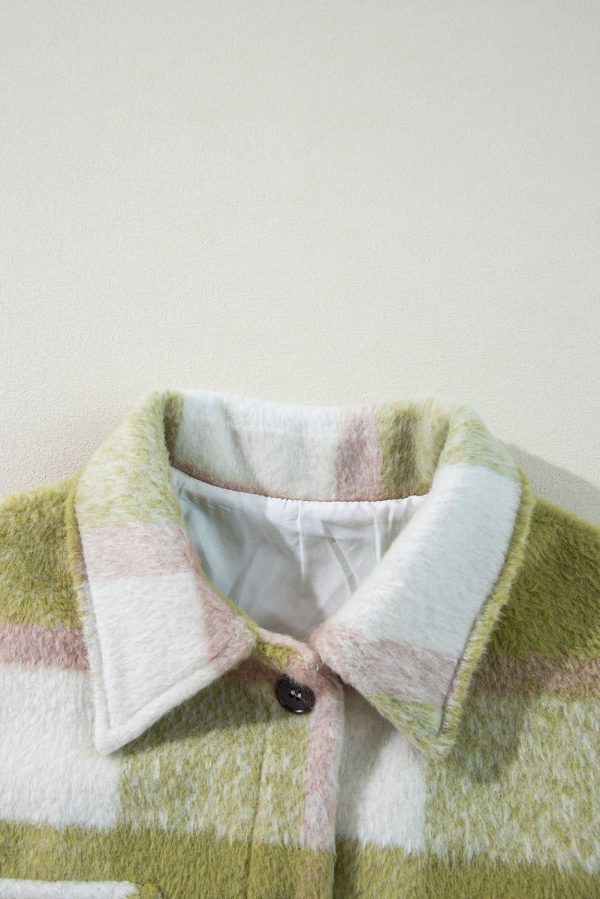 Sage Green Plaid Print Buttoned Flap Pockets Baggy Shacket - Image 10
