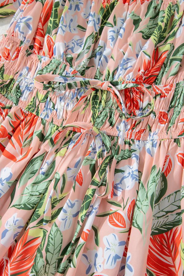 Apricot Pink Floral Smocked Bust Bubble Short Sleeve Maxi Dress - Image 10