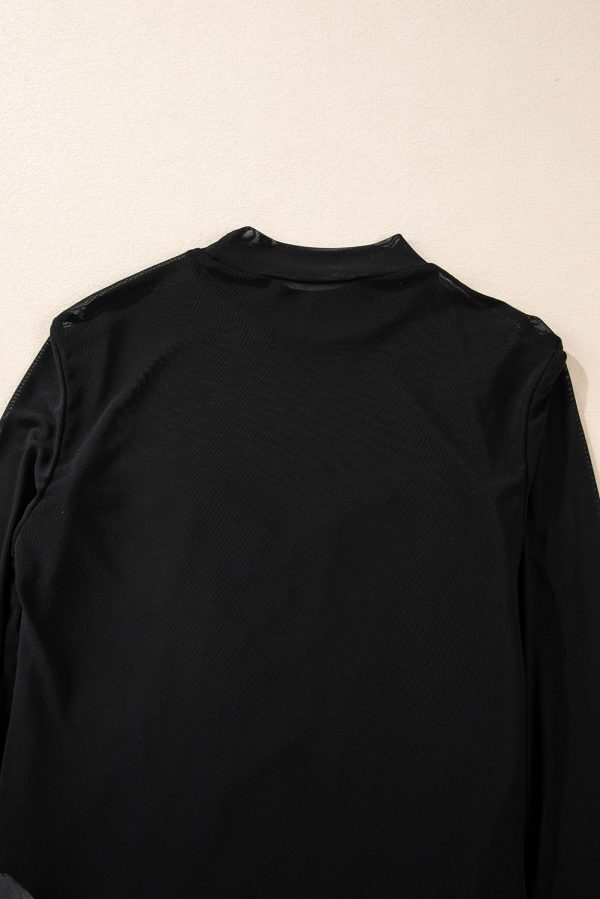 Black Sequin Velvet Sheer Mesh Mock Neck Blouse - Image 7