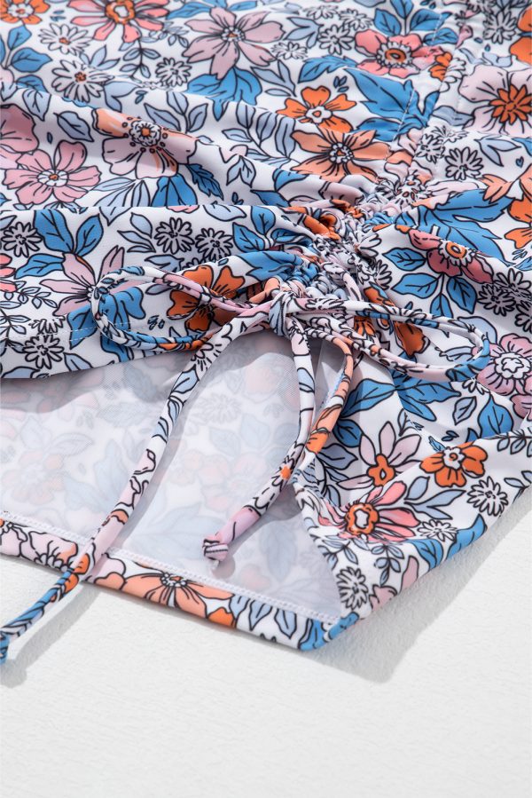 Pink Drawstring Ruched Floral Swim Dress - Image 16