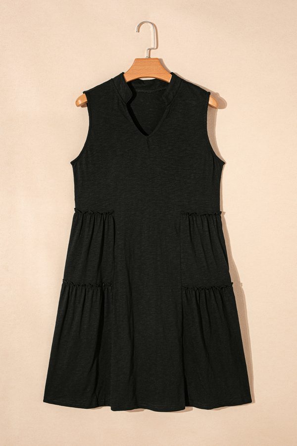 Black Split V Neck Tiered Flowy Sleeveless Dress - Image 7
