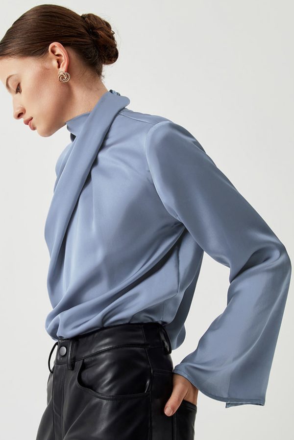 Ivy Asymmetric Pleated Turtleneck Bell Sleeve Blouse - Image 3