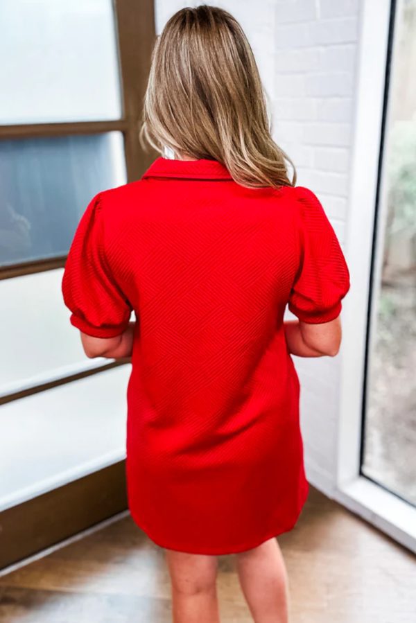 Fiery Red Textured Collared V Neck Puff Short Sleeve Shift Mini Dress - Image 2