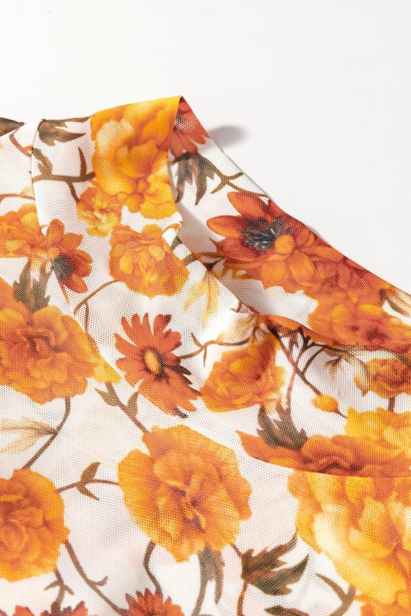 Orange Floral Printed Bell Sleeve Mock Neck Scallop Trim Blouse - Image 8