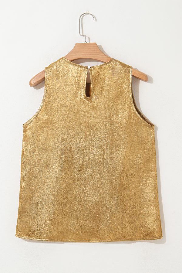 Gold Metal Textured Round Neck Casual Tank Top - Image 5