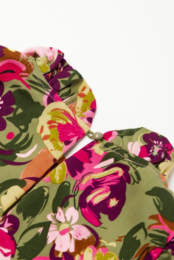Green Floral Print Ruched Flutter Sleeve Frilled Neck Mini Dress - Image 12