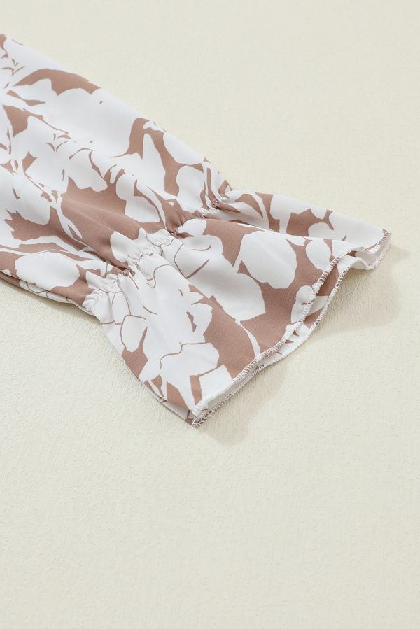 Light French Beige Floral Print Frilled Neckline Flounce Sleeve Blouse - Image 8