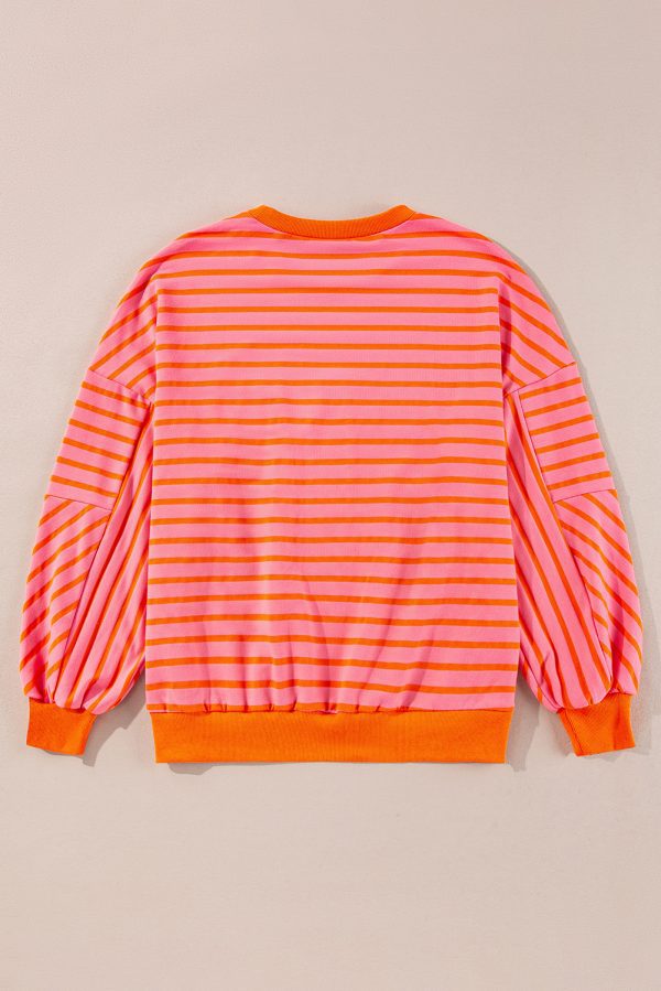 Orange Stripe Drop Shoulder Crew Neck Loose Sweatshirt - Image 22