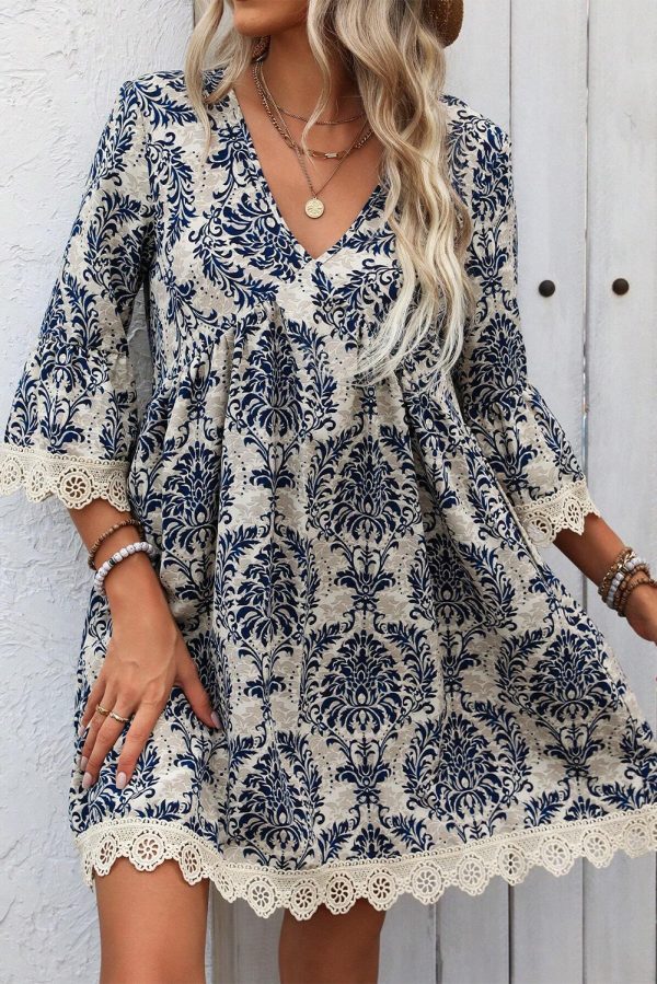 Sky Blue Vintage Printed Lace Trim V Neck 3/4 Sleeve Loose Dress - Image 3