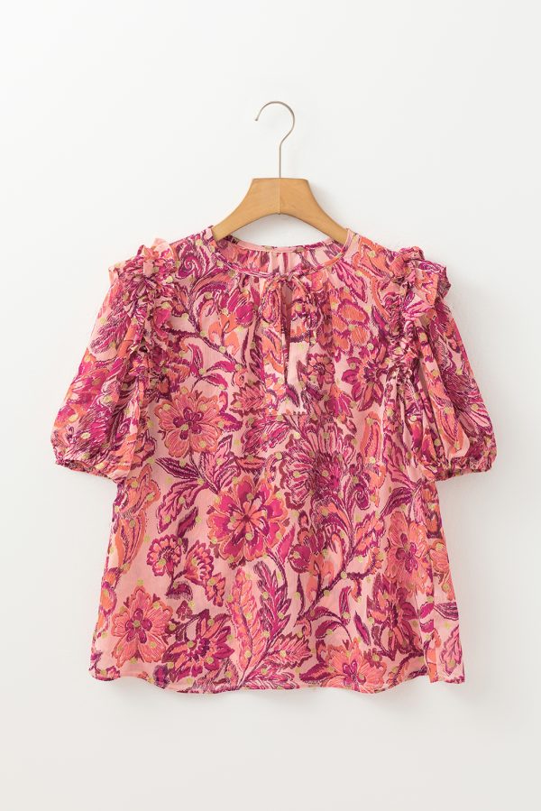 Red Floral Print Ruffled Puff Short Sleeve Blouse - Image 5